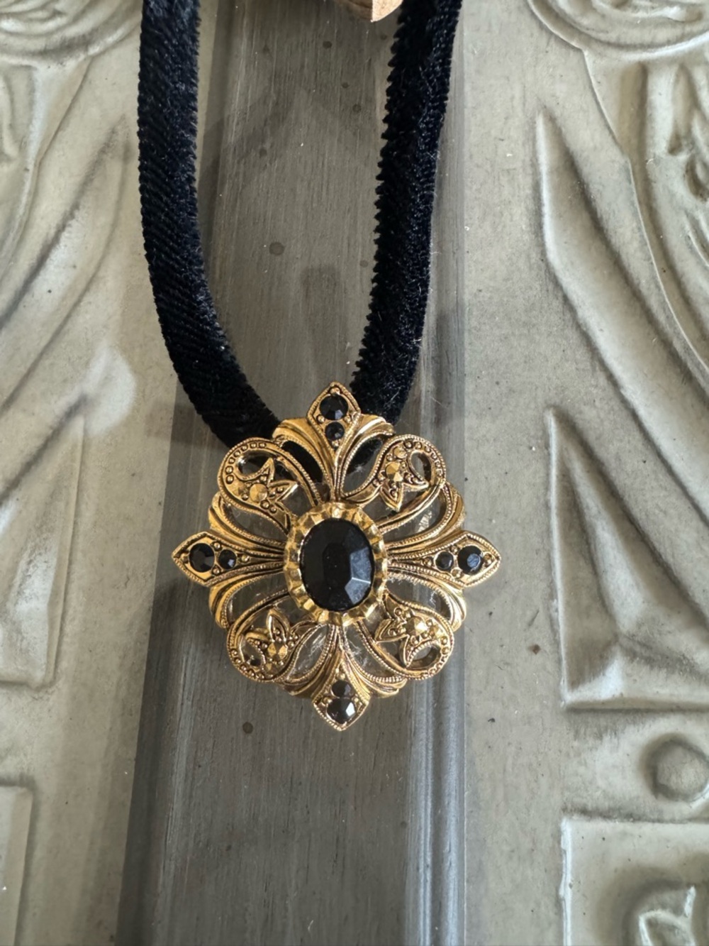 Gold Filigree Pendant Necklace with Black Cord - Women Jewelry - Picture 3 of 3